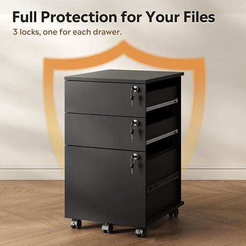 DEVAISE 3 Drawer Mobile File Cabinet with Individual Locks, Wood Filing Cabinet for Office, Under Desk Printer Stand with Wheels, Fits Letter/A4/Legal Size, Black in Kuwait