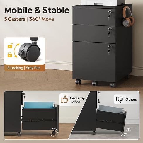 DEVAISE 3 Drawer Mobile File Cabinet with Individual Locks, Wood Filing Cabinet for Office, Under Desk Printer Stand with Wheels, Fits Letter/A4/Legal Size, Black in Kuwait