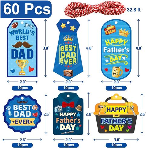 Fancy Land Father's Day Tags Happy Fathers Day Paper Gift Tag Best Dad Hanging Label with String for Birthday DIY Gift Wrapping Supplies 60Pcs in Kuwait