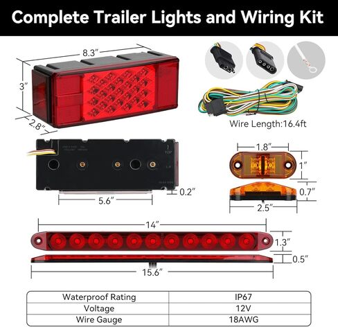 مجموعة مصابيح LED للمقطورة 12 فولت، مصابيح مقطورة للقارب مقاومة للماء IP67، مصابيح إيقاف الفرامل مستطيلة الشكل مع ضوء لوحة الترخيص، شريط ضوء الفرامل وأضواء العلامات الجانبية، متوافقة مع DOT in Kuwait