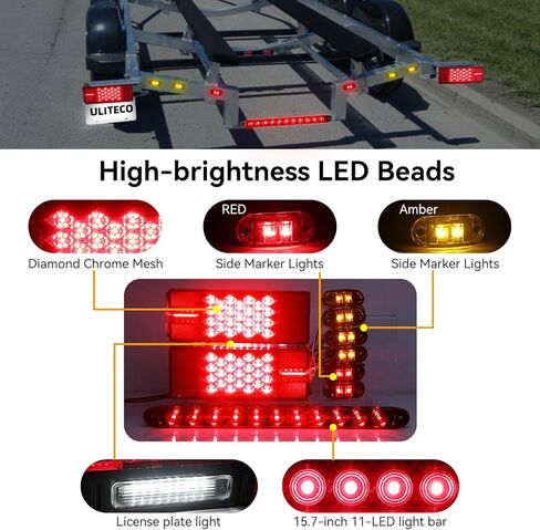 مجموعة مصابيح LED للمقطورة 12 فولت، مصابيح مقطورة للقارب مقاومة للماء IP67، مصابيح إيقاف الفرامل مستطيلة الشكل مع ضوء لوحة الترخيص، شريط ضوء الفرامل وأضواء العلامات الجانبية، متوافقة مع DOT in Kuwait