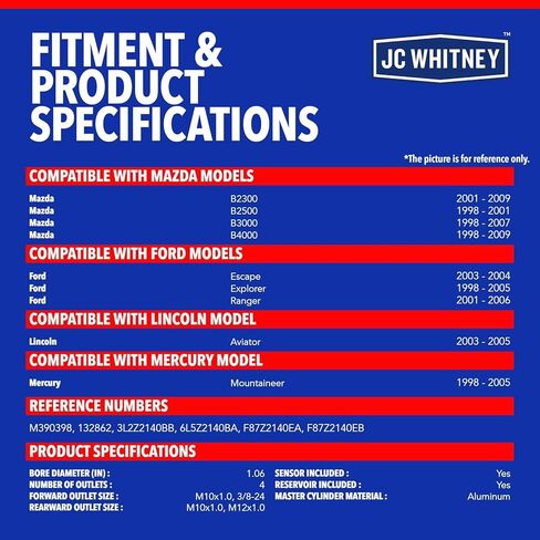 JC Whitney JFBAJCWBMC00092 أسطوانة الفرامل الرئيسية - متوافقة مع Ford Explorer، Escape، Ranger، Mazda B2300، B2500، B3000، B4000، Lincoln Aviator، Mercury Mountaineer - التجويف: 1.063 بوصة in Kuwait