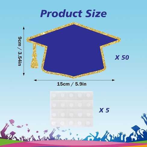 Lucleag 50PCS Graduation Hat Cutouts Grad Caps, Blue Gold Graduation Caps Paper Cut-Outs for 2026 High School College Graduation Party Favor Bulletin Board Decoration, Double Size 6x3.5in in Kuwait