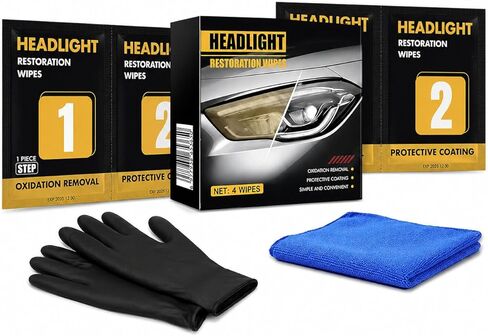 Headlight Restoration Wipes Kit, 2-Pack 2-Step Headlight Cleaner for Cloudy Yellow Headlights, Oxidation Remover & Ceramic Coating, No Tools Needed, 4 Wipes with Gloves & Towel in Kuwait