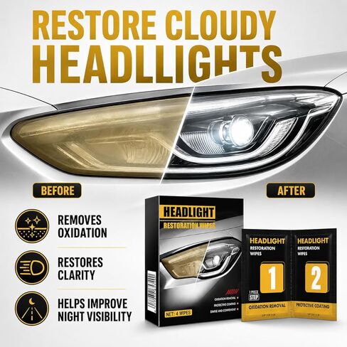 Headlight Restoration Wipes Kit, 2-Pack 2-Step Headlight Cleaner for Cloudy Yellow Headlights, Oxidation Remover & Ceramic Coating, No Tools Needed, 4 Wipes with Gloves & Towel in Kuwait