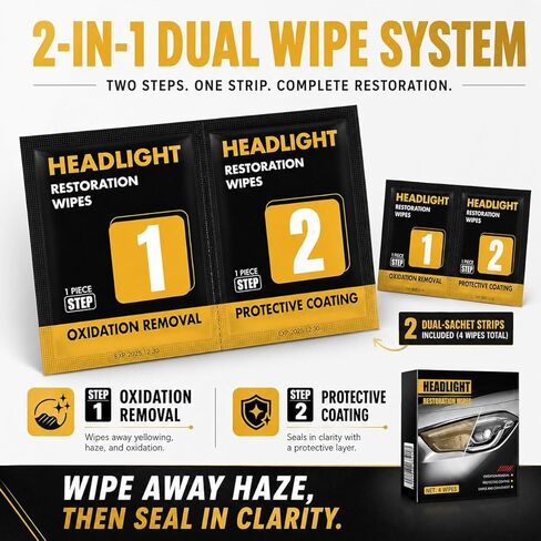 Headlight Restoration Wipes Kit, 2-Pack 2-Step Headlight Cleaner for Cloudy Yellow Headlights, Oxidation Remover & Ceramic Coating, No Tools Needed, 4 Wipes with Gloves & Towel in Kuwait