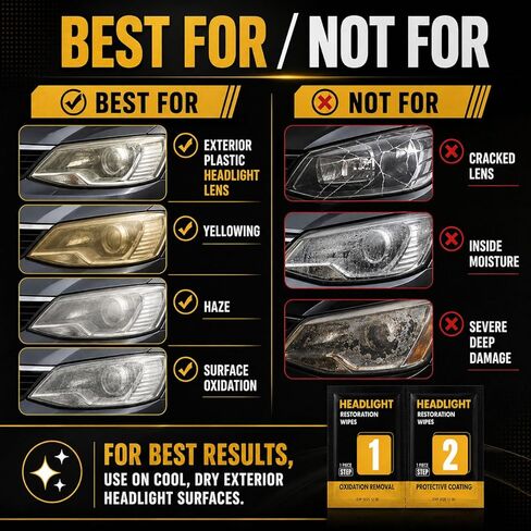 Headlight Restoration Wipes Kit, 2-Pack 2-Step Headlight Cleaner for Cloudy Yellow Headlights, Oxidation Remover & Ceramic Coating, No Tools Needed, 4 Wipes with Gloves & Towel in Kuwait