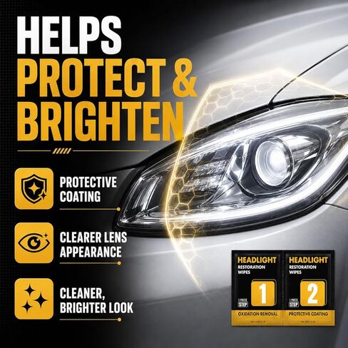 Headlight Restoration Wipes Kit, 2-Pack 2-Step Headlight Cleaner for Cloudy Yellow Headlights, Oxidation Remover & Ceramic Coating, No Tools Needed, 4 Wipes with Gloves & Towel in Kuwait