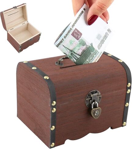 Piggy Bank, Vintage Wooden Treasure Chest Piggy Bank, Rustic Decorative Coin Organizer Treasure Chest with Lock Storage Box for Home Office, Wedding, Christmas & Birthday Gifts in Kuwait
