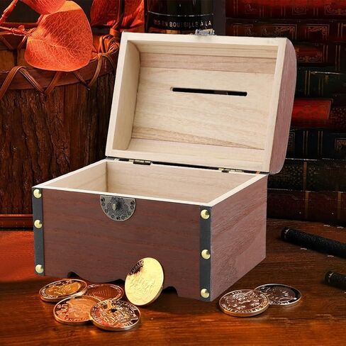 Piggy Bank, Vintage Wooden Treasure Chest Piggy Bank, Rustic Decorative Coin Organizer Treasure Chest with Lock Storage Box for Home Office, Wedding, Christmas & Birthday Gifts in Kuwait