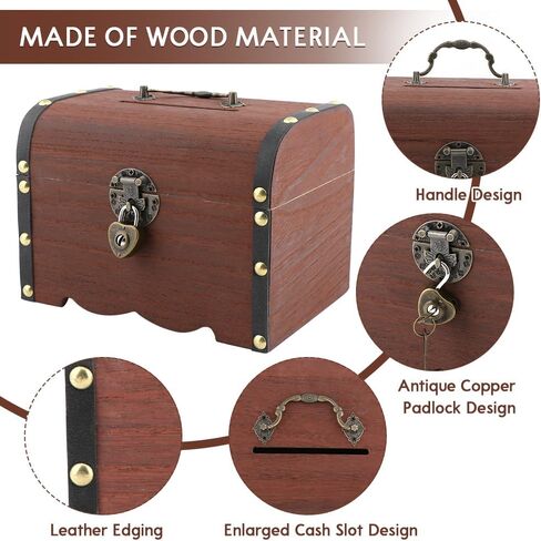 Piggy Bank, Vintage Wooden Treasure Chest Piggy Bank, Rustic Decorative Coin Organizer Treasure Chest with Lock Storage Box for Home Office, Wedding, Christmas & Birthday Gifts in Kuwait
