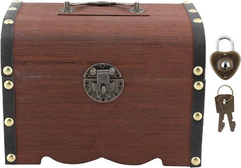 Piggy Bank, Vintage Wooden Treasure Chest Piggy Bank, Rustic Decorative Coin Organizer Treasure Chest with Lock Storage Box for Home Office, Wedding, Christmas & Birthday Gifts in Kuwait