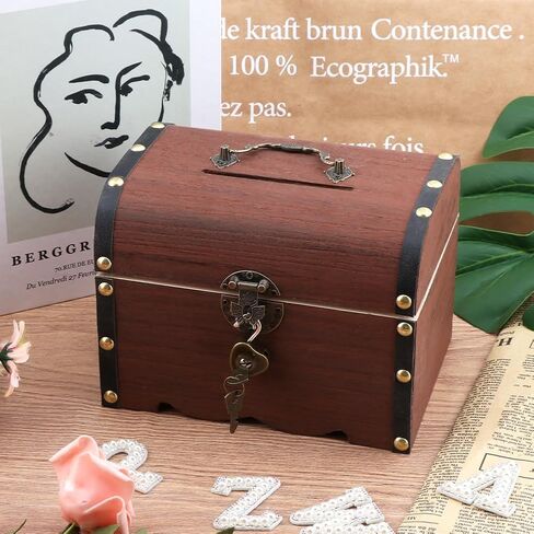 Piggy Bank, Vintage Wooden Treasure Chest Piggy Bank, Rustic Decorative Coin Organizer Treasure Chest with Lock Storage Box for Home Office, Wedding, Christmas & Birthday Gifts in Kuwait