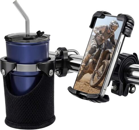 BBTO 2-in-1 Motorcycle Cup Holder Set 7/8'' to 1 1/4'' Bike Phone Holder 4.7 to 6.8" with 360°Swivel Ball-Mount Handlebar Phone Cup Clamp Cycling Accessories for ATV Utv Scooter Boat Black in Kuwait