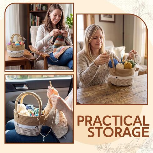 Tudomro Portable Crochet Bag Organizer, Yarn and Needles Straw Tote Basket, Knitting Storage Tote Bag with Grommets, Woven Bags Knitting Accessories for Small Projects, Gifts for Crochet Lovers in Kuwait