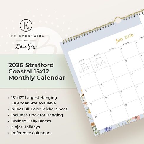 تقويم حائط Blue Sky The Everygirl 2026-2027 للسنة الأكاديمية الشهرية، يوليو 2026 - يونيو 2027، 15 بوصة × 12 بوصة، ربط سلكي مزدوج متين، يتضمن ورقة لاصقة، مثالي للمنزل والمكتب والفصول الدراسية، ساحل ستراتفورد in Kuwait