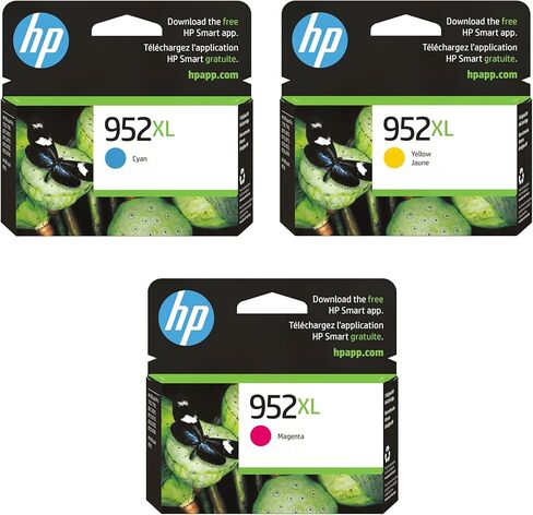 خرطوشة حبر HP 952XL سماوي، وHP 952XL أصفر وأرجواني عالية الإنتاجية - 3 عبوات | يعمل OfficeJet 8702، OfficeJet Pro 7720، 7740، 8210، 8710، 8720، 8730، 8740 Series | in Kuwait