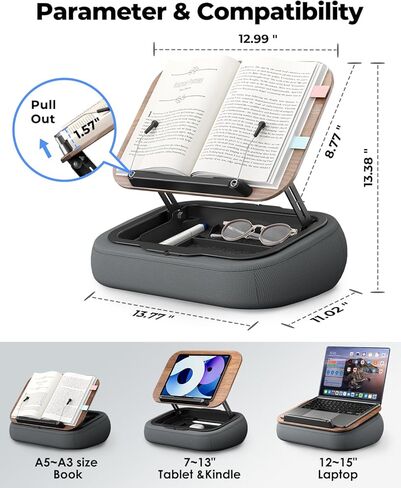 Viozon Lap Book Pillow Stand with Storage, Adjustable Beanbag Reading Pillow with Dark Wood Panel, Multi-Angle Book Holder for Hands-Free Reading in Bed or Sofa,Book Lover Essential, Soft Cushion in Kuwait