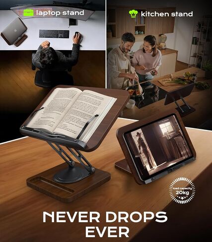 Book Stand for Reading, 360° Rotating Hands Free Book Holder with Storage, Adjustable Height & Ergonomic Cookbook Stand, Elastic Page Clips for Recipe Laptop Tablet, Foldable for Kitchen Office School in Kuwait