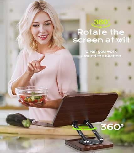 Book Stand for Reading, 360° Rotating Hands Free Book Holder with Storage, Adjustable Height & Ergonomic Cookbook Stand, Elastic Page Clips for Recipe Laptop Tablet, Foldable for Kitchen Office School in Kuwait