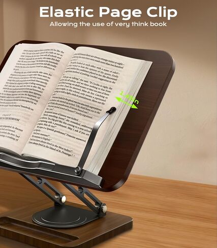 Book Stand for Reading, 360° Rotating Hands Free Book Holder with Storage, Adjustable Height & Ergonomic Cookbook Stand, Elastic Page Clips for Recipe Laptop Tablet, Foldable for Kitchen Office School in Kuwait