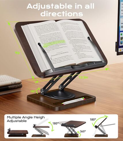 Book Stand for Reading, 360° Rotating Hands Free Book Holder with Storage, Adjustable Height & Ergonomic Cookbook Stand, Elastic Page Clips for Recipe Laptop Tablet, Foldable for Kitchen Office School in Kuwait