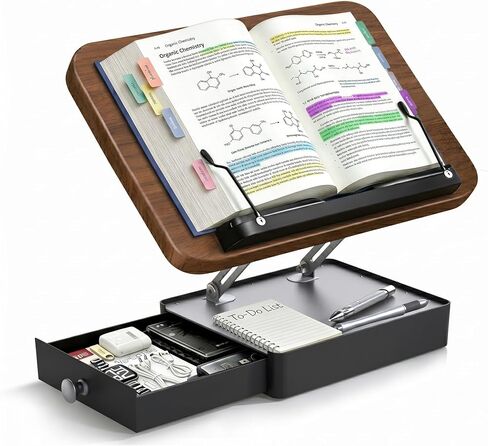 Book Stand with Storage, Wooden Reading Stand Holder for Desk, Ergonomic Adjustable Height & Angle, Hands-Free Book Holder for Textbooks, Cookbooks, Documents (Walnut Finish, 9.8" x 13.8" Large Panel) in Kuwait