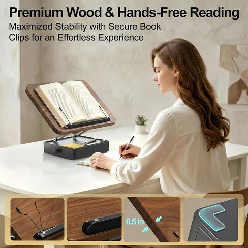 Book Stand with Storage, Wooden Reading Stand Holder for Desk, Ergonomic Adjustable Height & Angle, Hands-Free Book Holder for Textbooks, Cookbooks, Documents (Walnut Finish, 9.8" x 13.8" Large Panel) in Kuwait