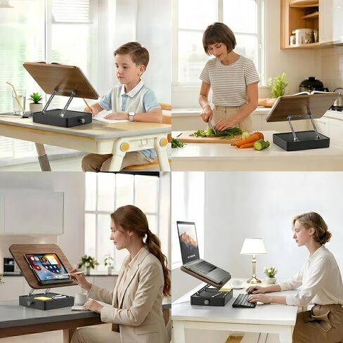 Book Stand with Storage, Wooden Reading Stand Holder for Desk, Ergonomic Adjustable Height & Angle, Hands-Free Book Holder for Textbooks, Cookbooks, Documents (Walnut Finish, 9.8" x 13.8" Large Panel) in Kuwait