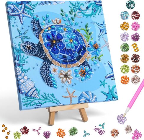 FunooFuno 8 "× 8" مجموعة الفن اللوحة الماسية مؤطرة مع حامل خشبي الفنون والحرف السلاحف البحرية مجموعات الرسم للمبتدئين الحيوان الحفر الماس 3D DIY المحيط جوهرة الفن الحرف اليدوية هدية التخرج in Kuwait