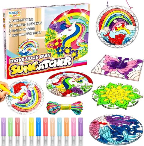 MakeBloom 5PCS Suncatcher Craft Kits for Kids with Pigments,DIY Window Art Stained Glass Painting Kit,Birthday Gift,Classroom Craft Supplies for Ages 3+(Rainbow,Dolphin,Mandala,Mermaid,Unicorn) in Kuwait