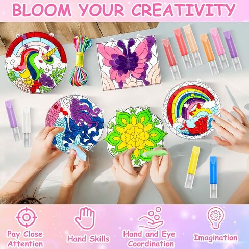 MakeBloom 5PCS Suncatcher Craft Kits for Kids with Pigments,DIY Window Art Stained Glass Painting Kit,Birthday Gift,Classroom Craft Supplies for Ages 3+(Rainbow,Dolphin,Mandala,Mermaid,Unicorn) in Kuwait