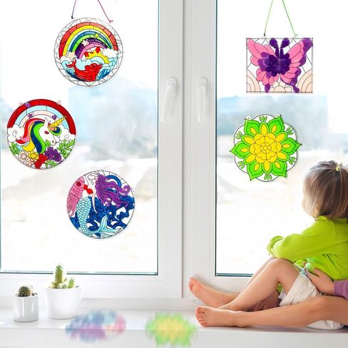 MakeBloom 5PCS Suncatcher Craft Kits for Kids with Pigments,DIY Window Art Stained Glass Painting Kit,Birthday Gift,Classroom Craft Supplies for Ages 3+(Rainbow,Dolphin,Mandala,Mermaid,Unicorn) in Kuwait