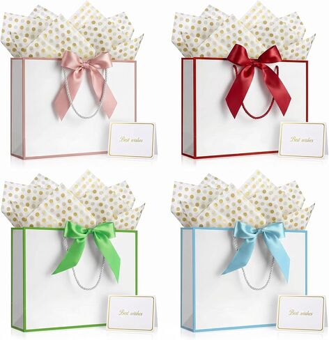 TUIOLUI Gift Bags with Handles, 4 Pcs Medium Gift Wrap Bags for Presents with 8 Tissue Paper 4 Cards for Father's Day Baby Shower Graduation Teacher Birthday Party for Women and Men in Kuwait