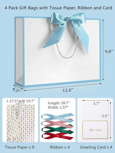 TUIOLUI Gift Bags with Handles, 4 Pcs Medium Gift Wrap Bags for Presents with 8 Tissue Paper 4 Cards for Father's Day Baby Shower Graduation Teacher Birthday Party for Women and Men in Kuwait