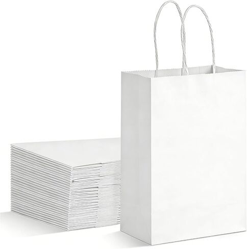 Muetrolay 50Pcs 8x4.5x10 Inch White Gift Bags with Handles Bulk, Medium Kraft Paper Bags with Reinforced Bottom for Crafts, Grocery Shopping Retail, Birthday Party, Weddings, Merchandise in Kuwait