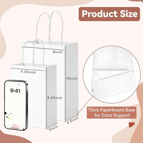 Muetrolay 50Pcs 8x4.5x10 Inch White Gift Bags with Handles Bulk, Medium Kraft Paper Bags with Reinforced Bottom for Crafts, Grocery Shopping Retail, Birthday Party, Weddings, Merchandise in Kuwait