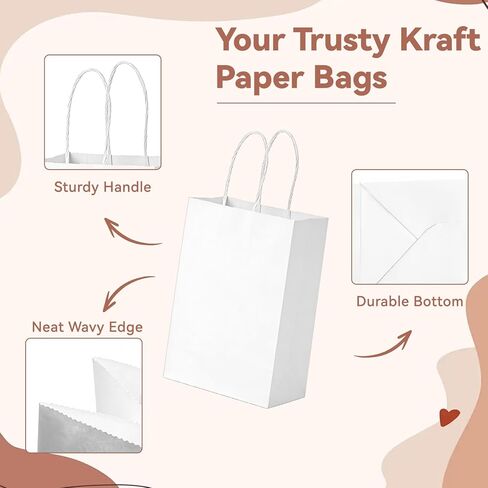 Muetrolay 50Pcs 8x4.5x10 Inch White Gift Bags with Handles Bulk, Medium Kraft Paper Bags with Reinforced Bottom for Crafts, Grocery Shopping Retail, Birthday Party, Weddings, Merchandise in Kuwait