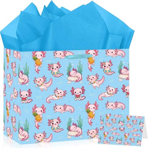 Axolotl Gift Bag Blue Axolotl Birthday Gift Wrapping Paper Bag Large with Blue Tissue Paper Greeting Card Cute Pink Axolotl Party Favors for Kids Girls Boys Underwater Party Decorations Supplies in Kuwait