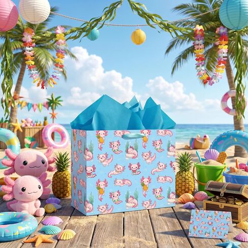Axolotl Gift Bag Blue Axolotl Birthday Gift Wrapping Paper Bag Large with Blue Tissue Paper Greeting Card Cute Pink Axolotl Party Favors for Kids Girls Boys Underwater Party Decorations Supplies in Kuwait