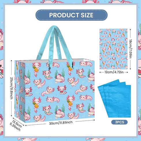 Axolotl Gift Bag Blue Axolotl Birthday Gift Wrapping Paper Bag Large with Blue Tissue Paper Greeting Card Cute Pink Axolotl Party Favors for Kids Girls Boys Underwater Party Decorations Supplies in Kuwait