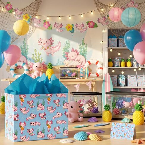 Axolotl Gift Bag Blue Axolotl Birthday Gift Wrapping Paper Bag Large with Blue Tissue Paper Greeting Card Cute Pink Axolotl Party Favors for Kids Girls Boys Underwater Party Decorations Supplies in Kuwait