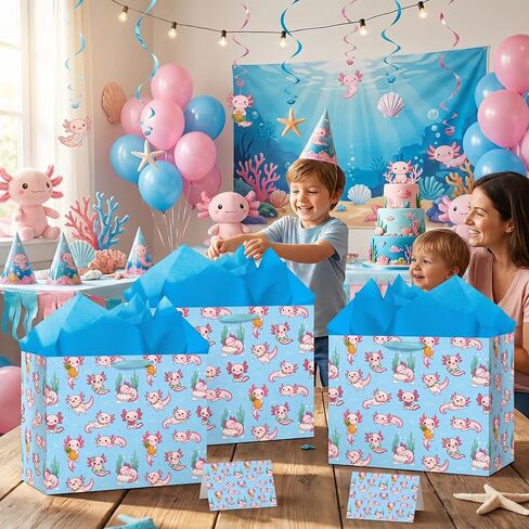 Axolotl Gift Bag Blue Axolotl Birthday Gift Wrapping Paper Bag Large with Blue Tissue Paper Greeting Card Cute Pink Axolotl Party Favors for Kids Girls Boys Underwater Party Decorations Supplies in Kuwait