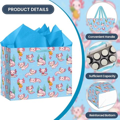 Axolotl Gift Bag Blue Axolotl Birthday Gift Wrapping Paper Bag Large with Blue Tissue Paper Greeting Card Cute Pink Axolotl Party Favors for Kids Girls Boys Underwater Party Decorations Supplies in Kuwait