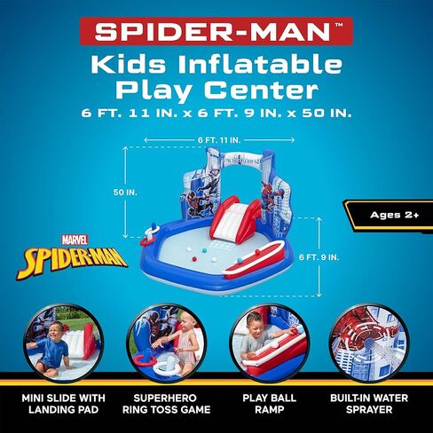 مركز ألعاب مائي قابل للنفخ من Marvel Spider-Man، مقاس 6'11 بوصة × 6'9 بوصة × 50 بوصة، مركز أنشطة خارجي للأطفال مزود بممر مائي ومنزلق ولعبة ومسبح سبلاش in Kuwait