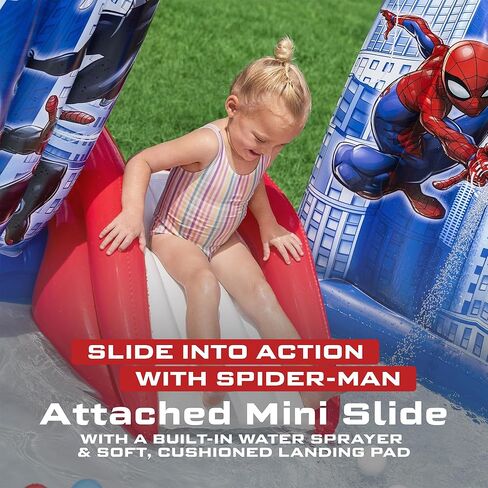 مركز ألعاب مائي قابل للنفخ من Marvel Spider-Man، مقاس 6'11 بوصة × 6'9 بوصة × 50 بوصة، مركز أنشطة خارجي للأطفال مزود بممر مائي ومنزلق ولعبة ومسبح سبلاش in Kuwait