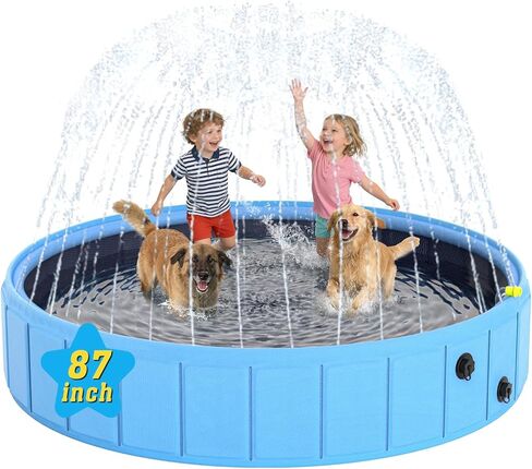 Foldable Dog Pool with Sprinkler, 87 in Extra Large Dog Swimming Pool, 2-in-1 Outdoor Collapsible Pet Bathing Tub for Pets Dogs Cats and Kids in Kuwait