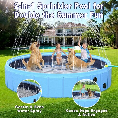 Foldable Dog Pool with Sprinkler, 87 in Extra Large Dog Swimming Pool, 2-in-1 Outdoor Collapsible Pet Bathing Tub for Pets Dogs Cats and Kids in Kuwait