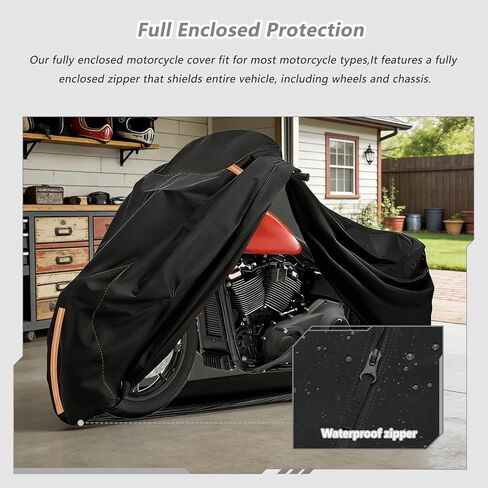 Full Enclosed Motorcycle Cover Waterproof,Heavy Duty 600D Oxford Outdoor Indoor Motorcycle Full Cover with All-Round Enclosed Zipper and Reflective Strips,Fits Most Heavy Duty Scooter Moped Motorcycle in Kuwait