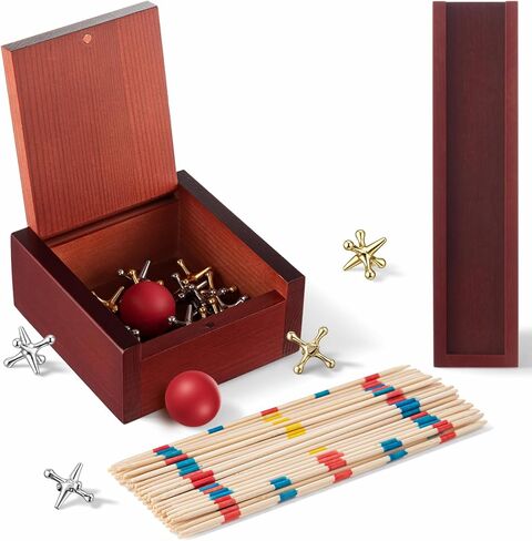 Hiboom 2-in-1 Classic Jacks Game and Pick up Sticks Game Set, Vintage Retro Family Games for Adults and Kid, Nostalgic Floor Games with Wooden Keepsake Box for Family Night, Birthday Gift, Party Favor in Kuwait
